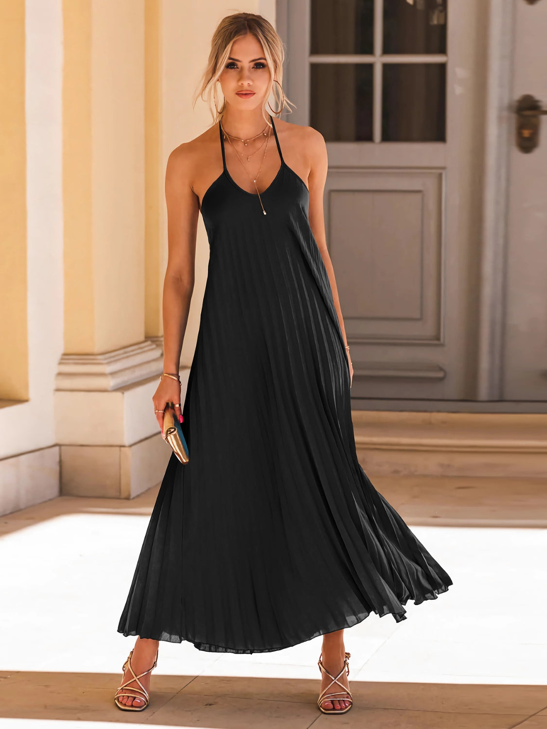 Pleated Halter Neck Sleeveless Dress Evoblackart Pleated Halter Neck Sleeveless Dress Evoblackart
