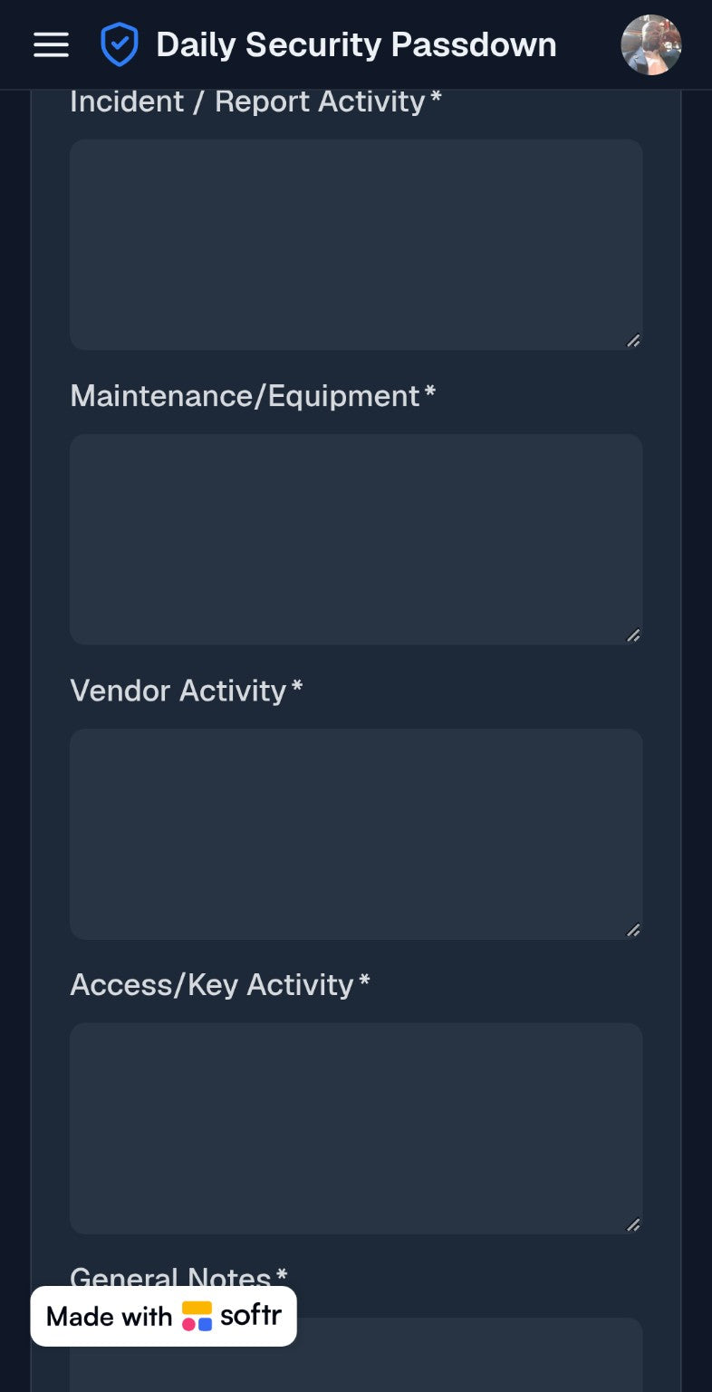 Passdown Log mobile interface