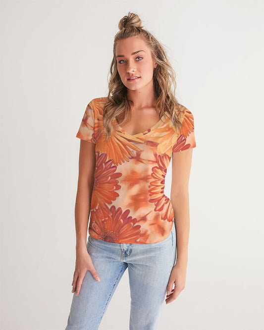 Orange Floral Evoblack Women's V-Neck Tee